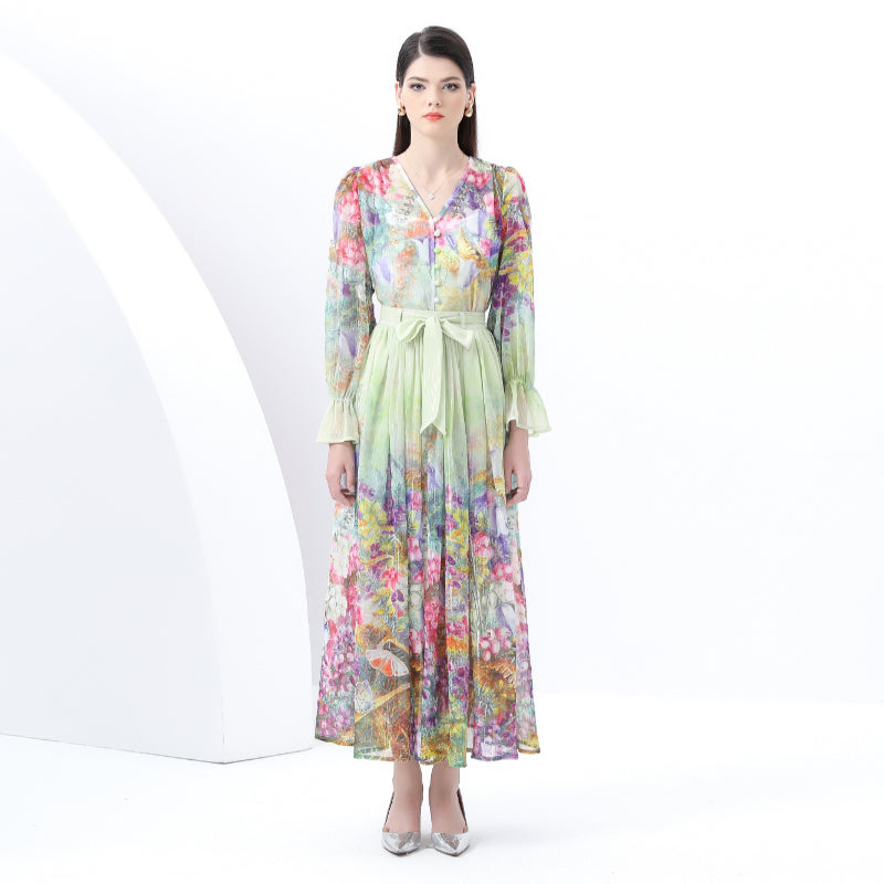 Original design - spring and summer real shot - spot light luxury heavy work chiffon splicing tape embroidery high-waisted thin temperament dress