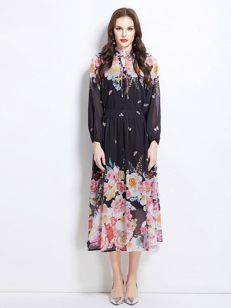 Original Design Spring Summer Autumn Vacation Lantern Sleeve Chiffon Shirt High Waist Half Skirt Two Piece Set