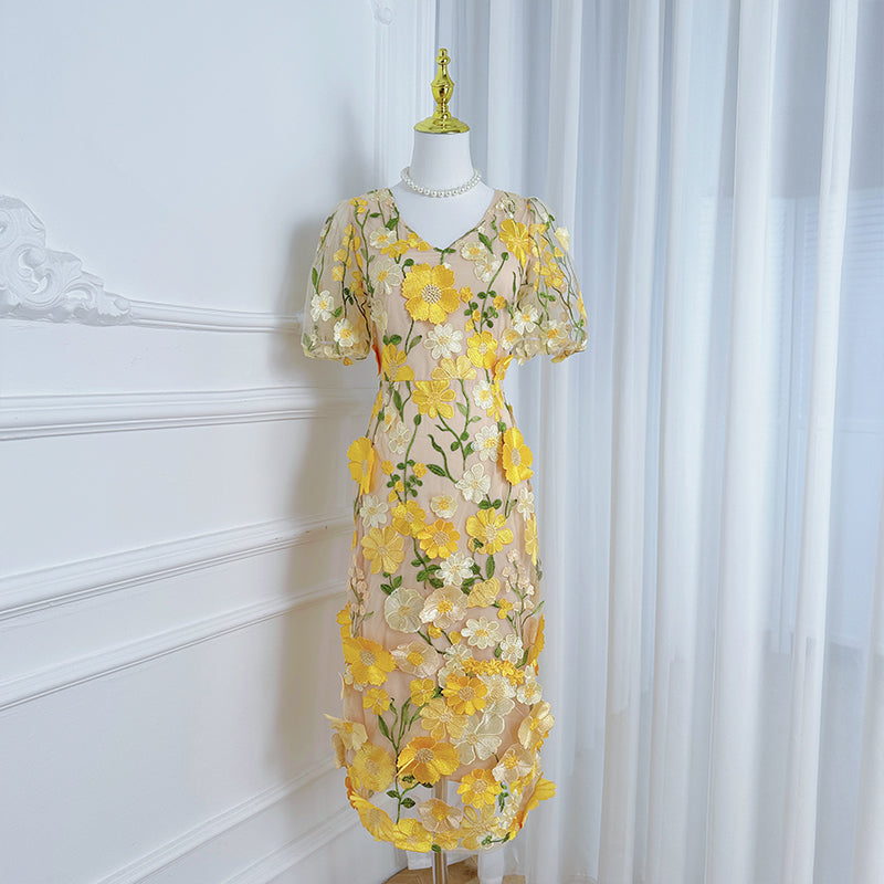 Original Design Heavy Industry Embroidered Boutique Color Handmade Customized Vintage V-neck Split Hip Wrap Dress