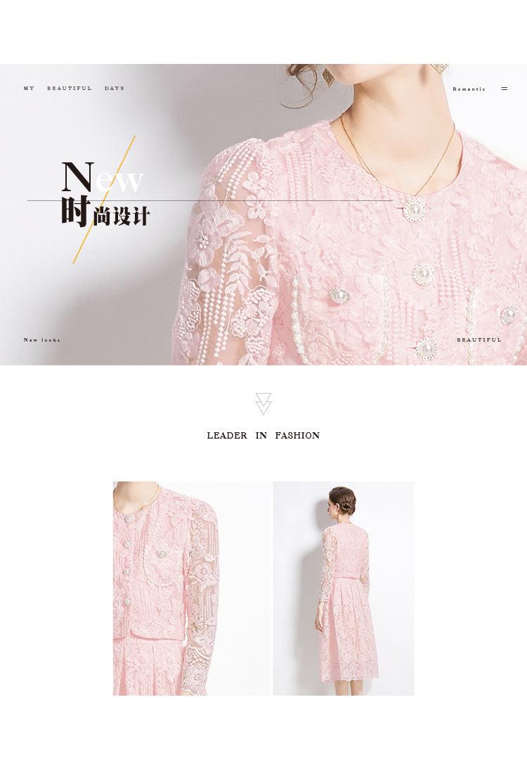Original design for spring and summer long sleeved small fragrance style set light luxury temperament water-soluble lace skirt two-piece set