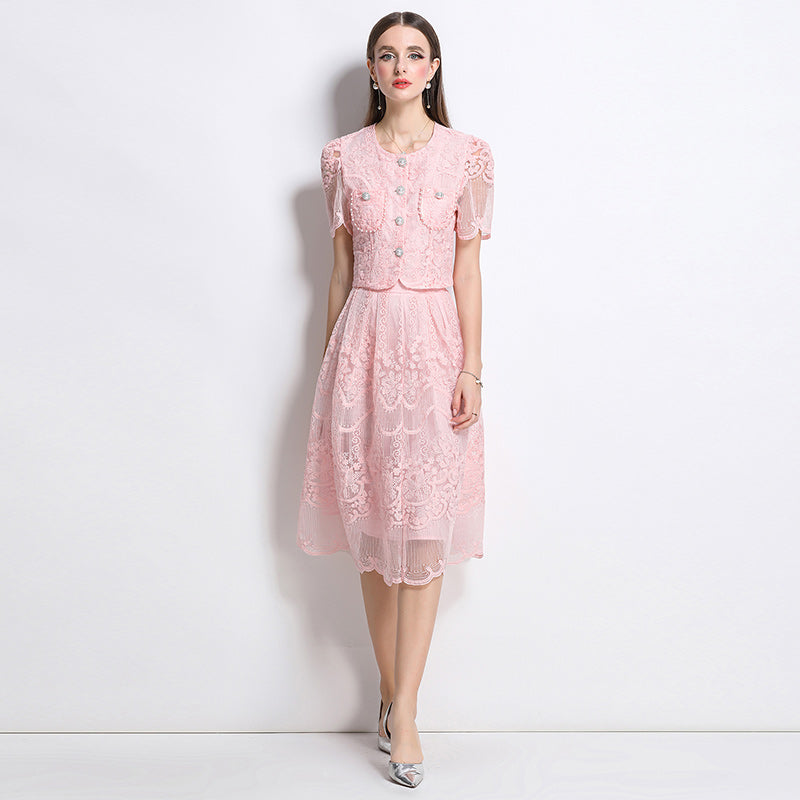 Original design for spring and summer small fragrance style set light luxury and high-end water-soluble lace skirt two-piece set