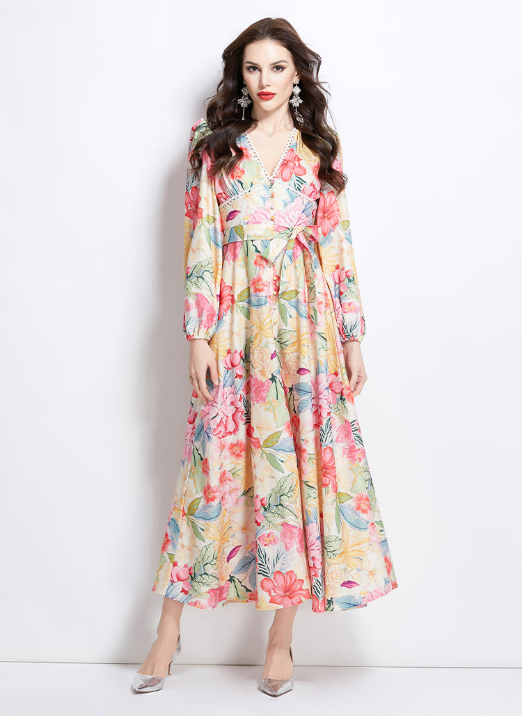 Original Design Spring/Summer Watercolor Flower Long Sleeve Retro Long Dress