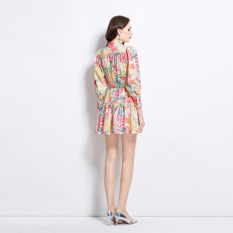 Original Design Spring/Summer Vacation New Watercolor Flower Printed Short Dress