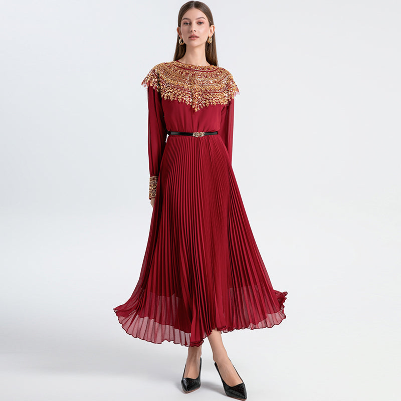 Original design premium pleated belt with gold beaded sequins draped over a chiffon pleated jumpsuit