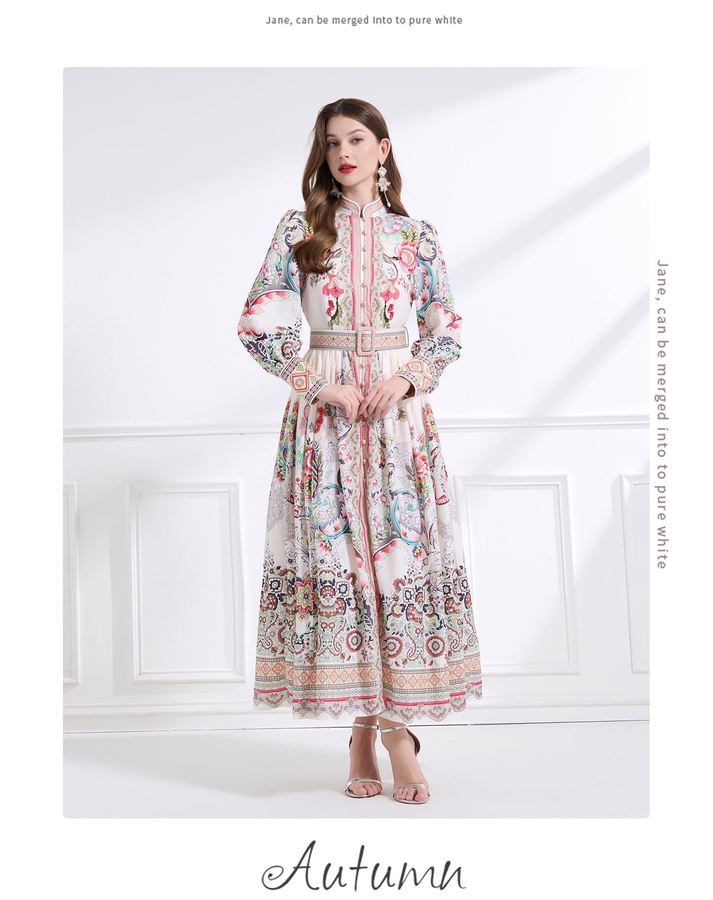 Original design - Spring, Summer, Autumn court style stand collar vintage print balloon sleeve ruffled maxi dress