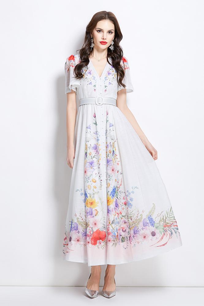 Original Design Spring/Summer Watercolor Flower Short Sleeve Retro Long Dress