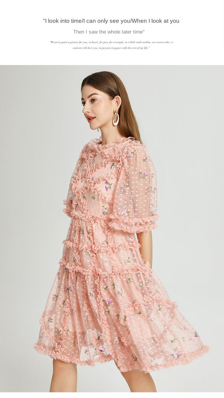 Artwork French romantic boutique custom gauze small floral embroidery short vintage cake dress