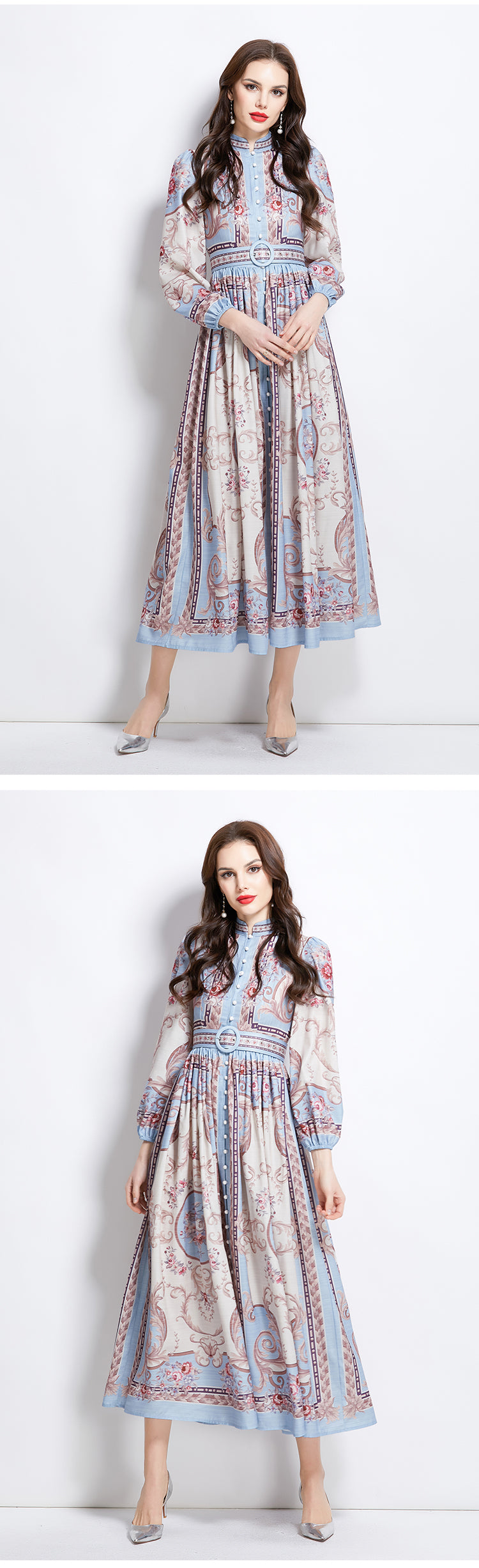 Original design: Spring/summer new court-style pattern stand-up collar long dress