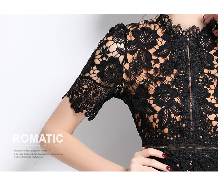Original design short sleeved slimming hollow out water-soluble lace positioning mid length dress
