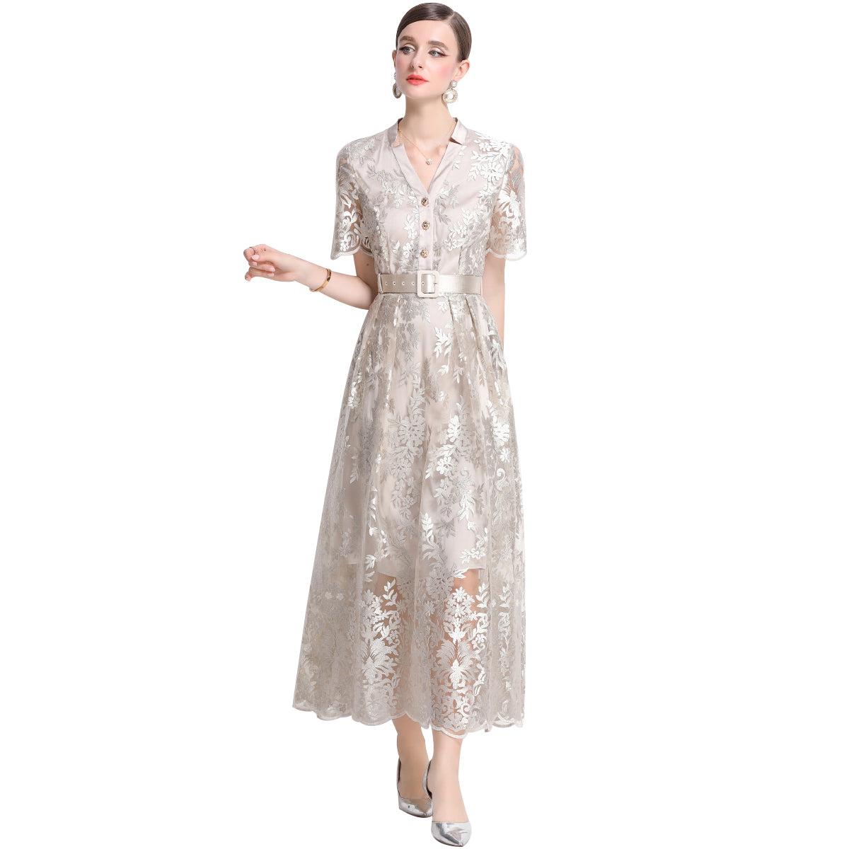 Original design mesh embroidered long dress with pockets, V-neck slim fit dress and belt