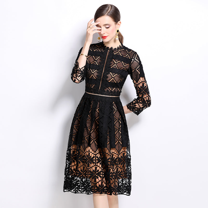 Original design mid long sleeved slimming hollow out water-soluble lace positioning printed mid length dress for spring, summer, autumn vacation