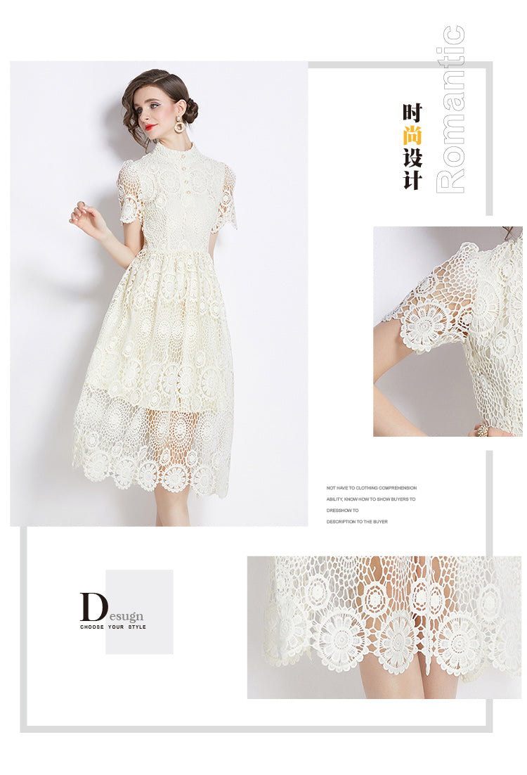 Original design niche dress new style temperament, waist cinching and slimming, hollow out water-soluble lace long skirt