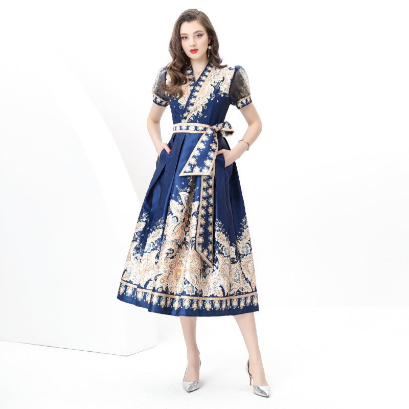 Spring/summer wrap tie style V-neck balloon sleeve long vintage print dress