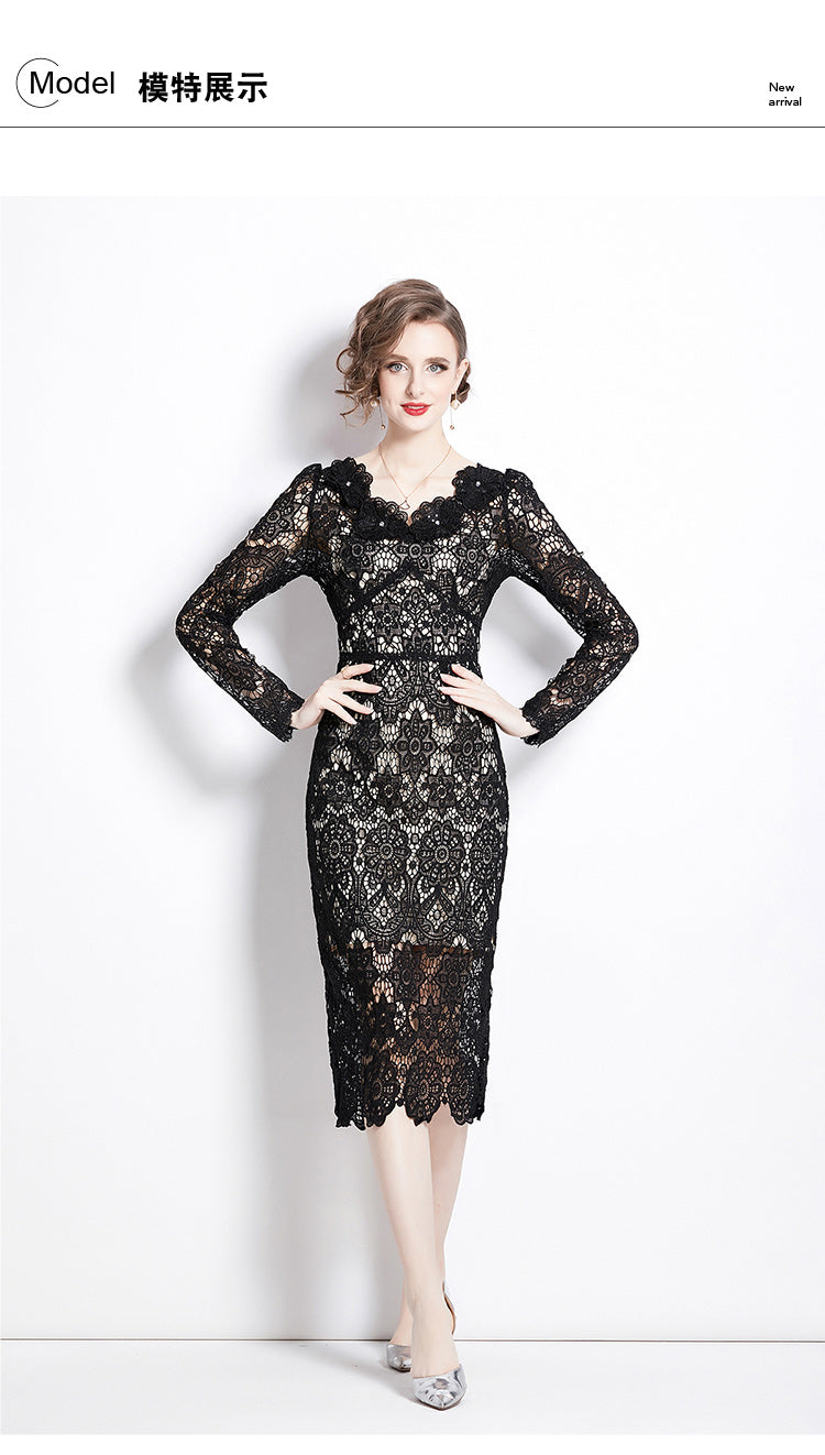 Original design for spring and summer water-soluble lace V-neck slim fit mid length dress for women