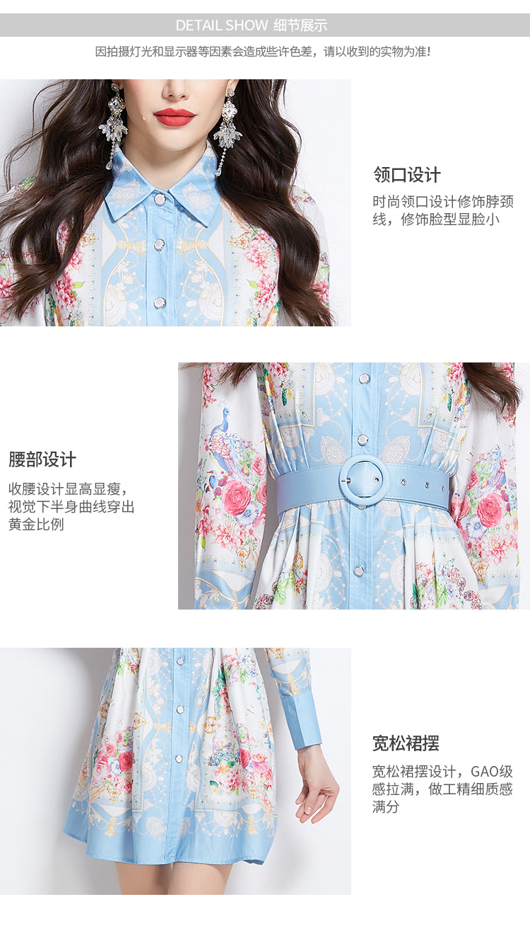 Original Design Spring/Summer/Autumn Vacation Retro Oil Painting Printed Collar Short Dress