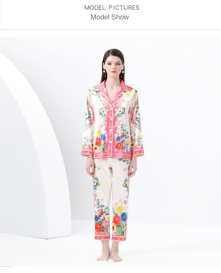 Original design: Spring, Summer, Autumn, Casual Trim, Pajama Set, Suit Collar, Long Sleeves, Long Pants, Printed Two-Piece Set