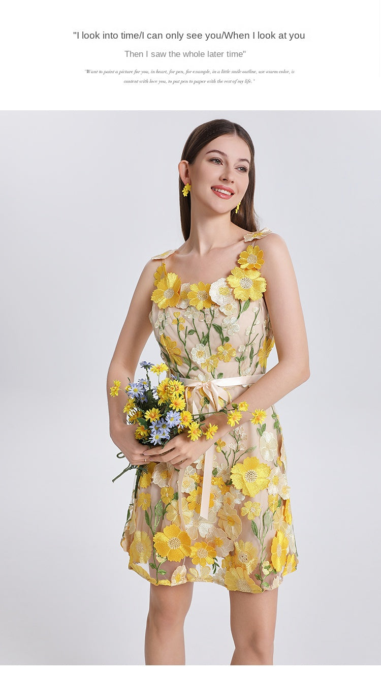 Original Design Embroidered Boutique Color Stereoscopic Handmade Flower Binding Adjustable Strap Strap Dress
