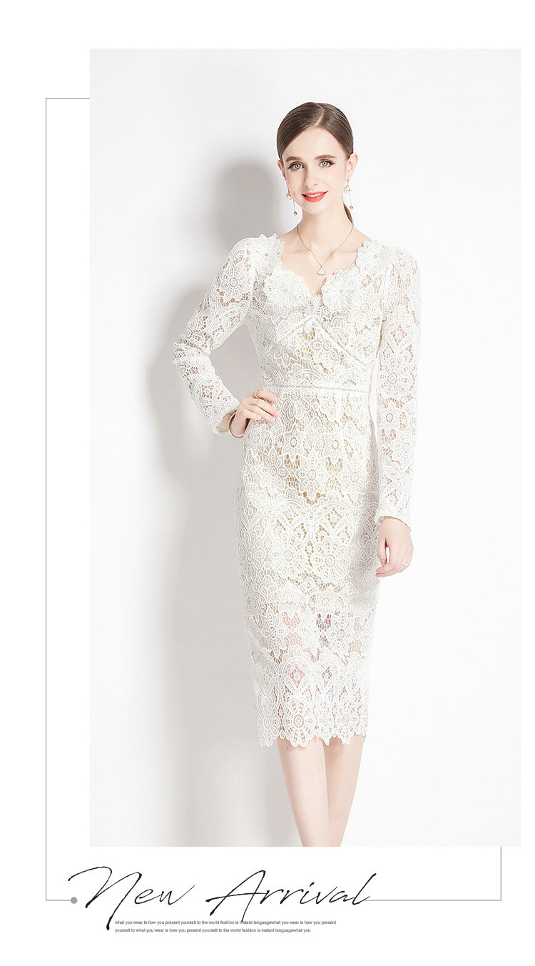 Original design for spring and summer water-soluble lace V-neck slim fit mid length dress for women
