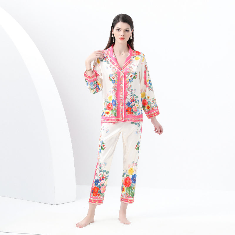 Original design: Spring, Summer, Autumn, Casual Trim, Pajama Set, Suit Collar, Long Sleeves, Long Pants, Printed Two-Piece Set