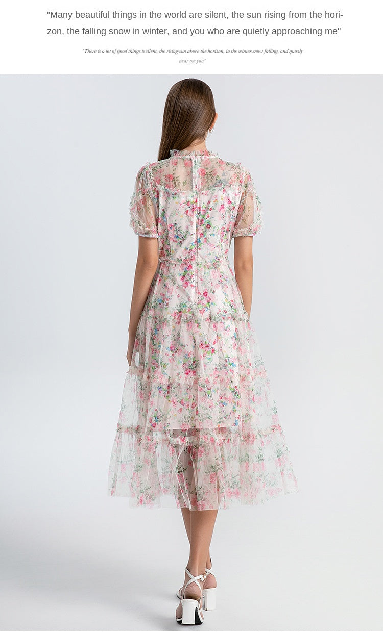Original design heavy industry nail drill small floral French boutique mesh summer sweet dress