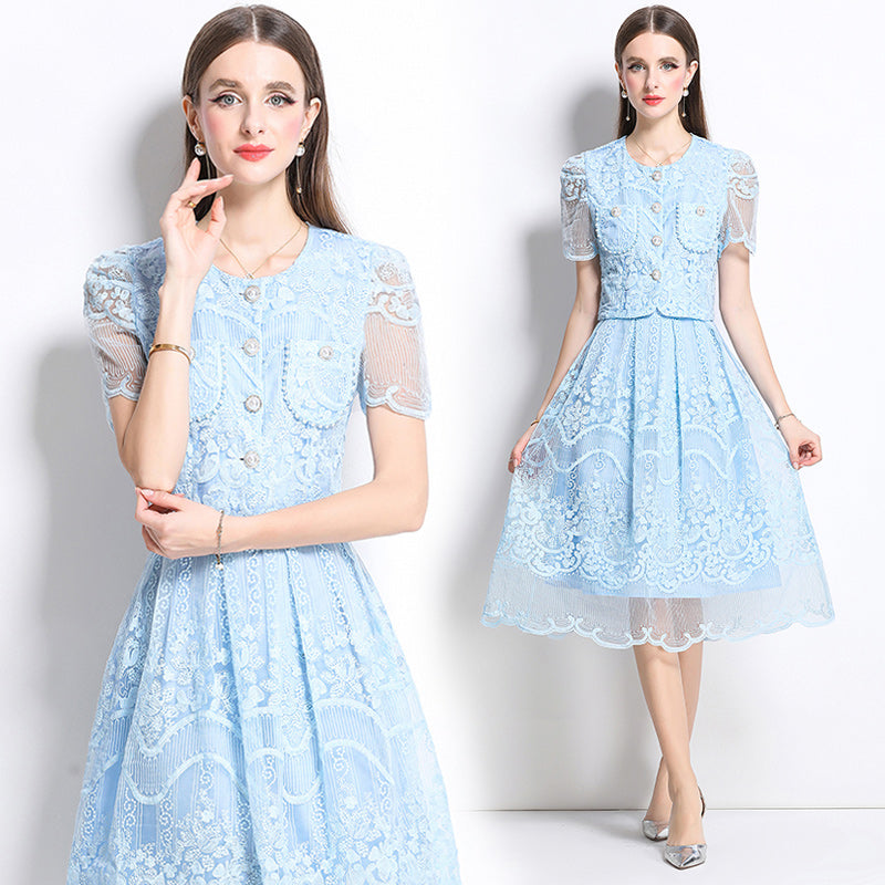 Original design for spring and summer small fragrance style set light luxury and high-end water-soluble lace skirt two-piece set