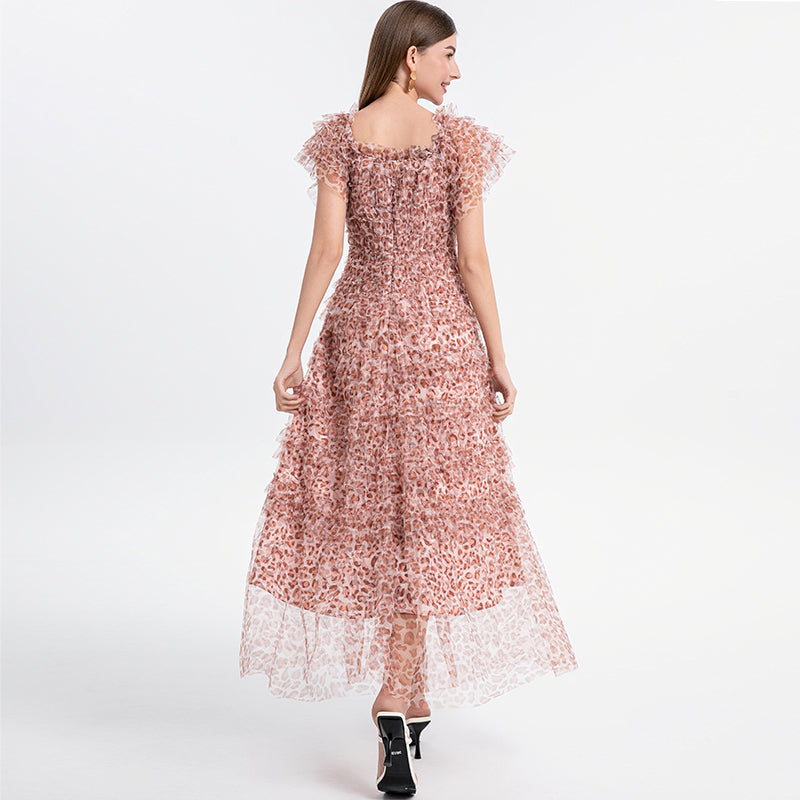 Beautiful French leopard print puff sleeve one-shoulder mesh temperament dress