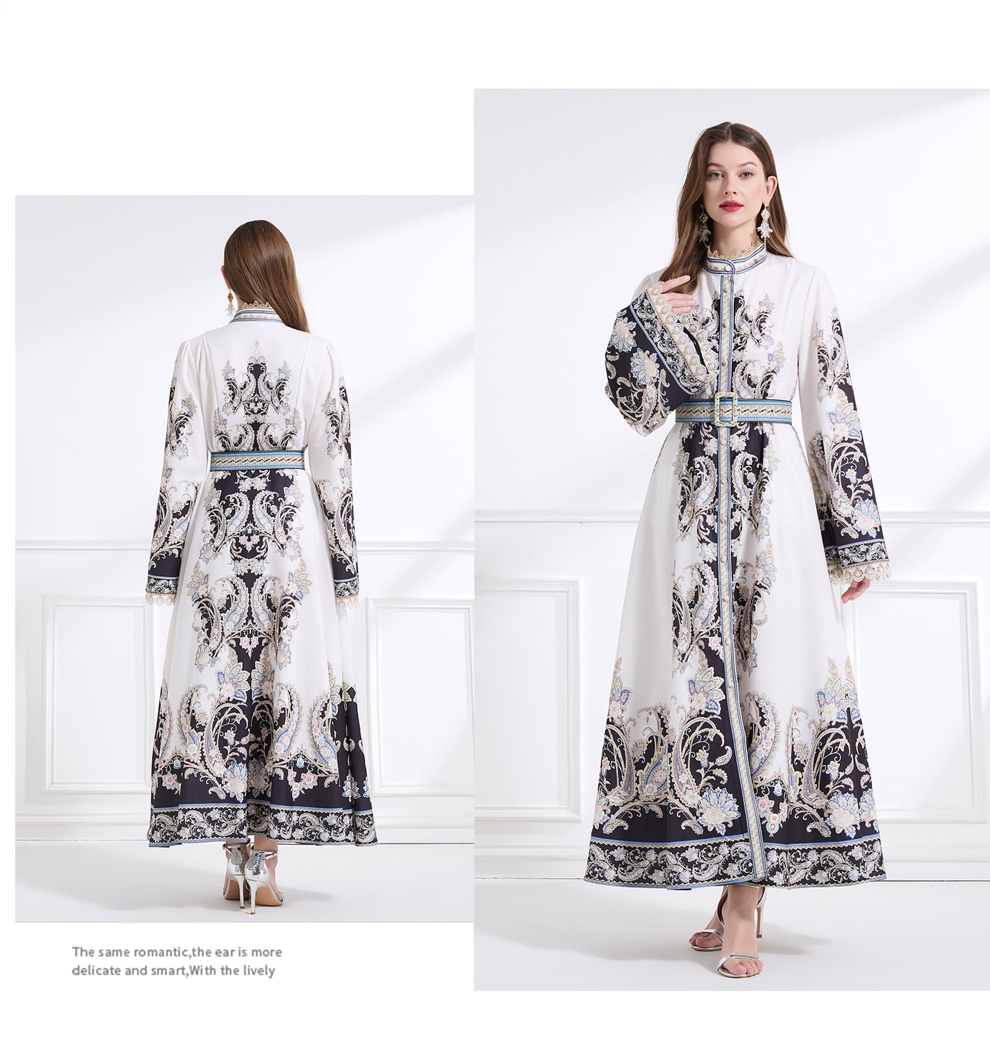 Original design - court-style vintage stand-up collar lace print tunic with large hem waist