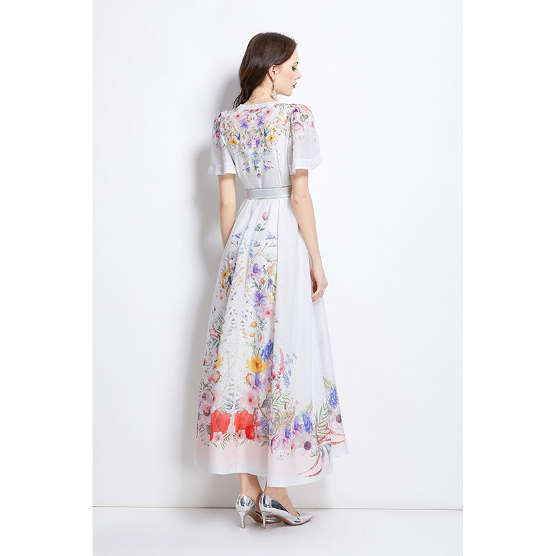 Original Design Spring/Summer Watercolor Flower Short Sleeve Retro Long Dress