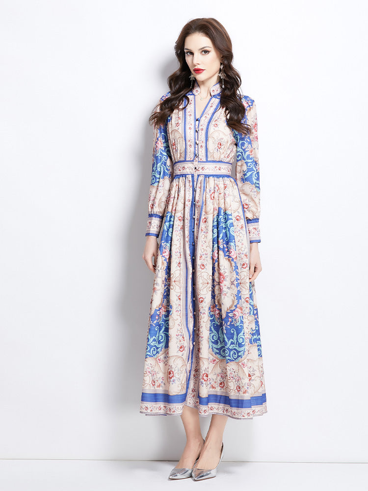 Original Design Spring/Summer Classical Palace Style Printed Bouquet Waist Single breasted Long Dress