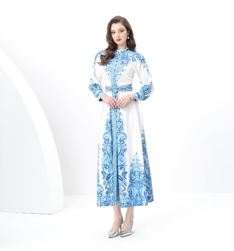 Original design: Spring, Summer, Autumn, resort style, vintage stand-up collar, single-breasted, lace panel, printed wide hem maxi dress