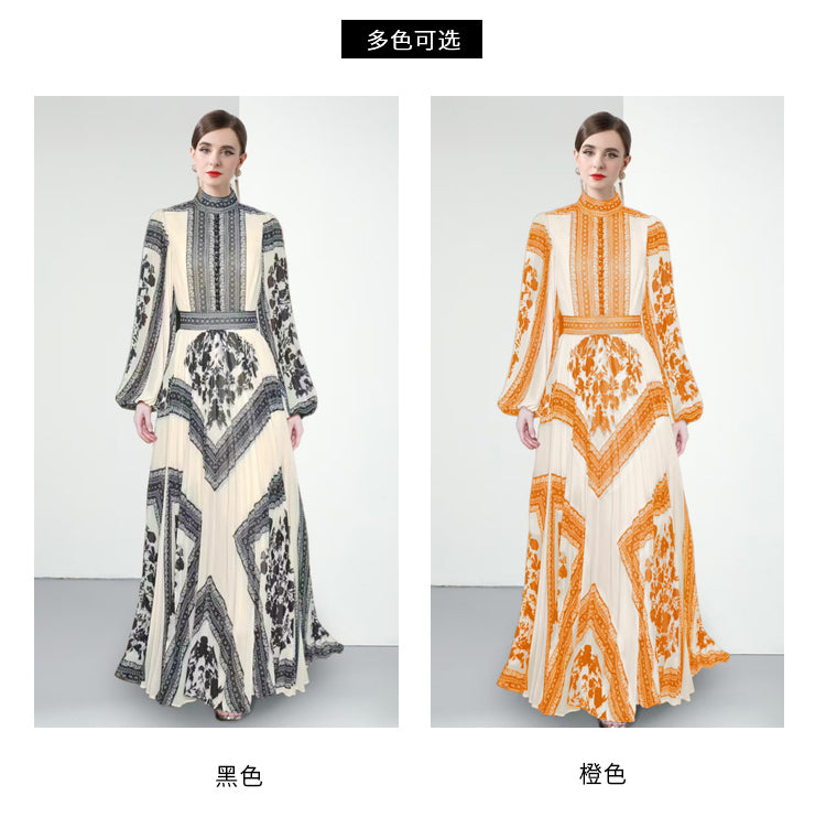 Original design for spring and summer printed evening gown, long pleated dress with large display