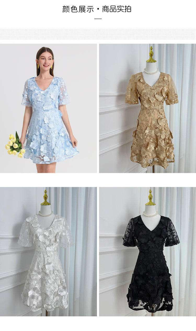 Artwork boutique handmade three-dimensional embroidered French solid color hem VL neck puff sleeve dress