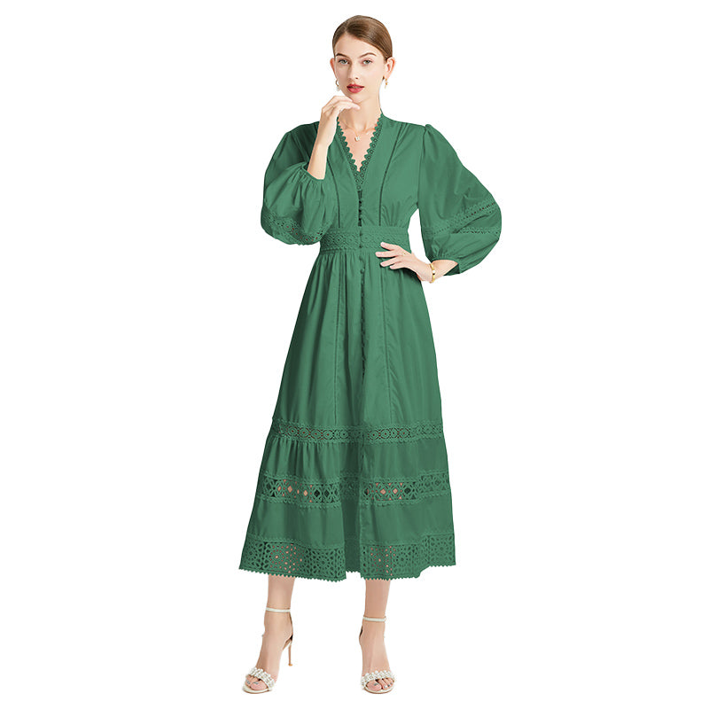 Original design fashionable temperament V-neck patchwork lace hollow out design sense long sleeved waist cinching dress
