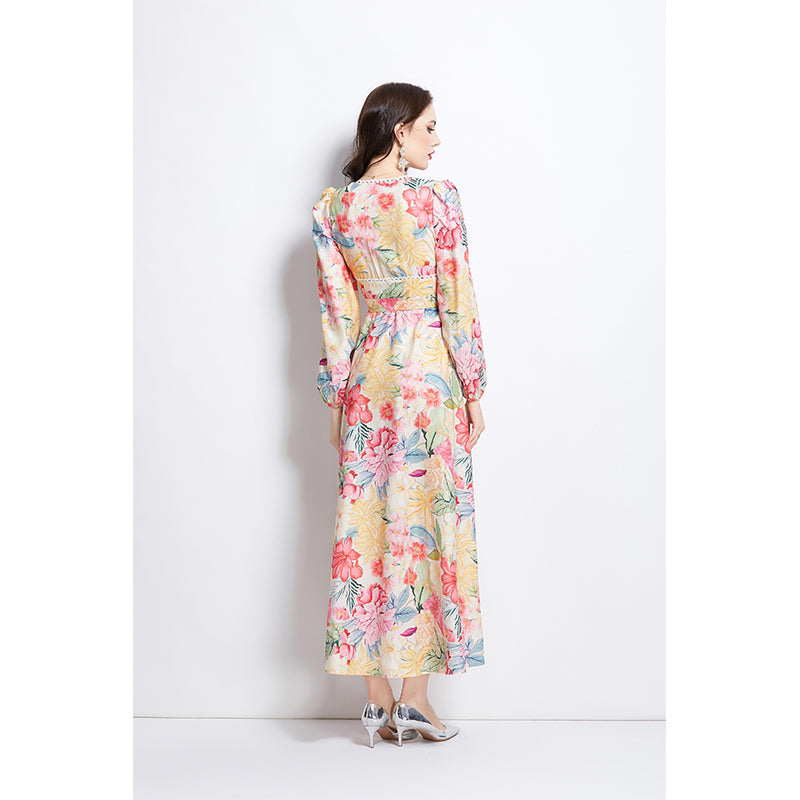 Original Design Spring/Summer Watercolor Flower Long Sleeve Retro Long Dress