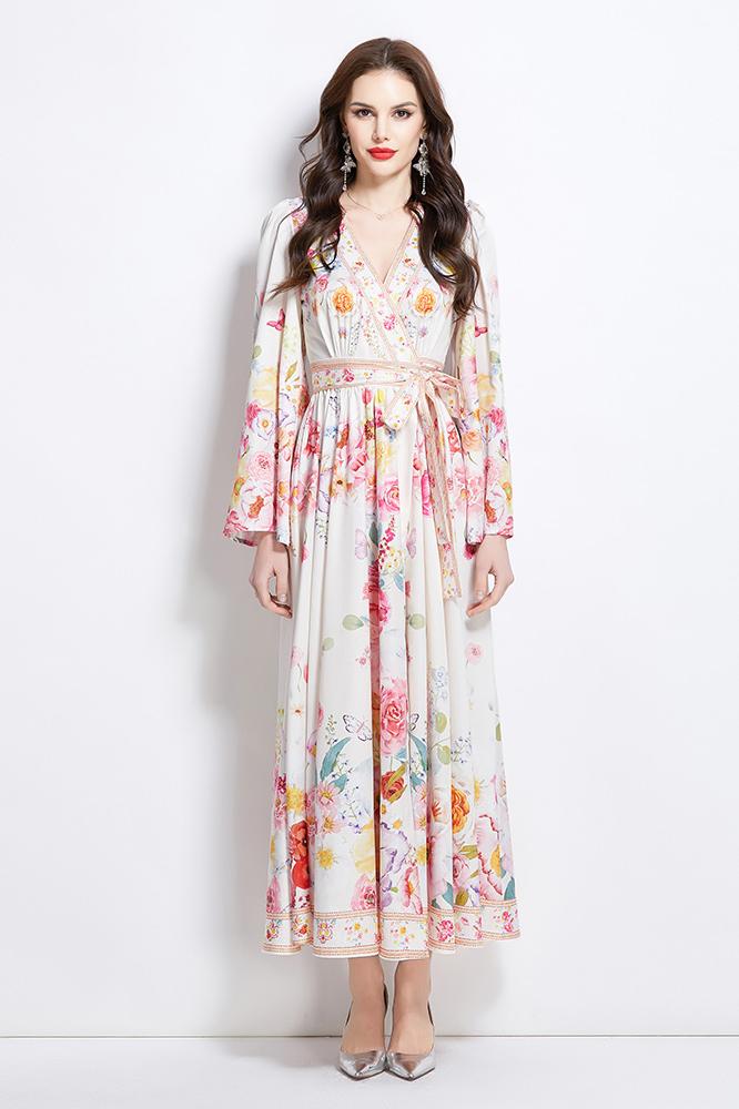 Original Design Spring/Summer New Oil Painting Flower Pattern Wrapped Mid length Dress