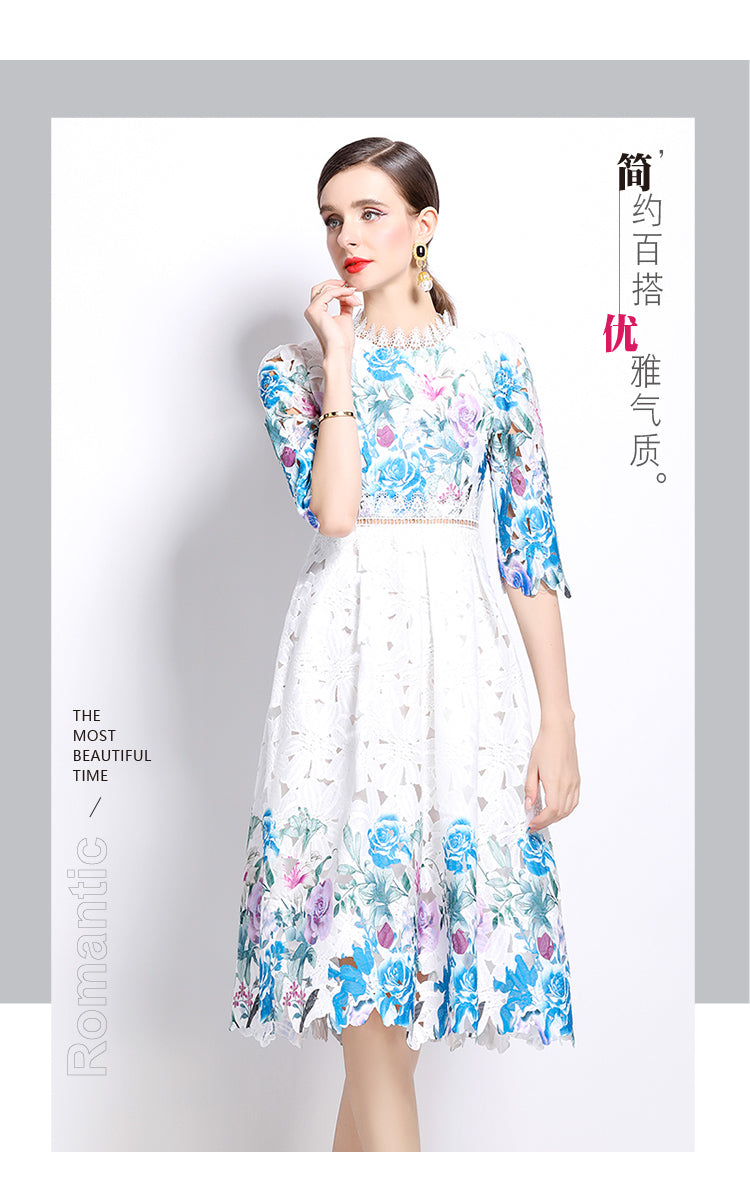 Original design mid long sleeved fashionable slimming hollow out water-soluble lace positioning mid length dress