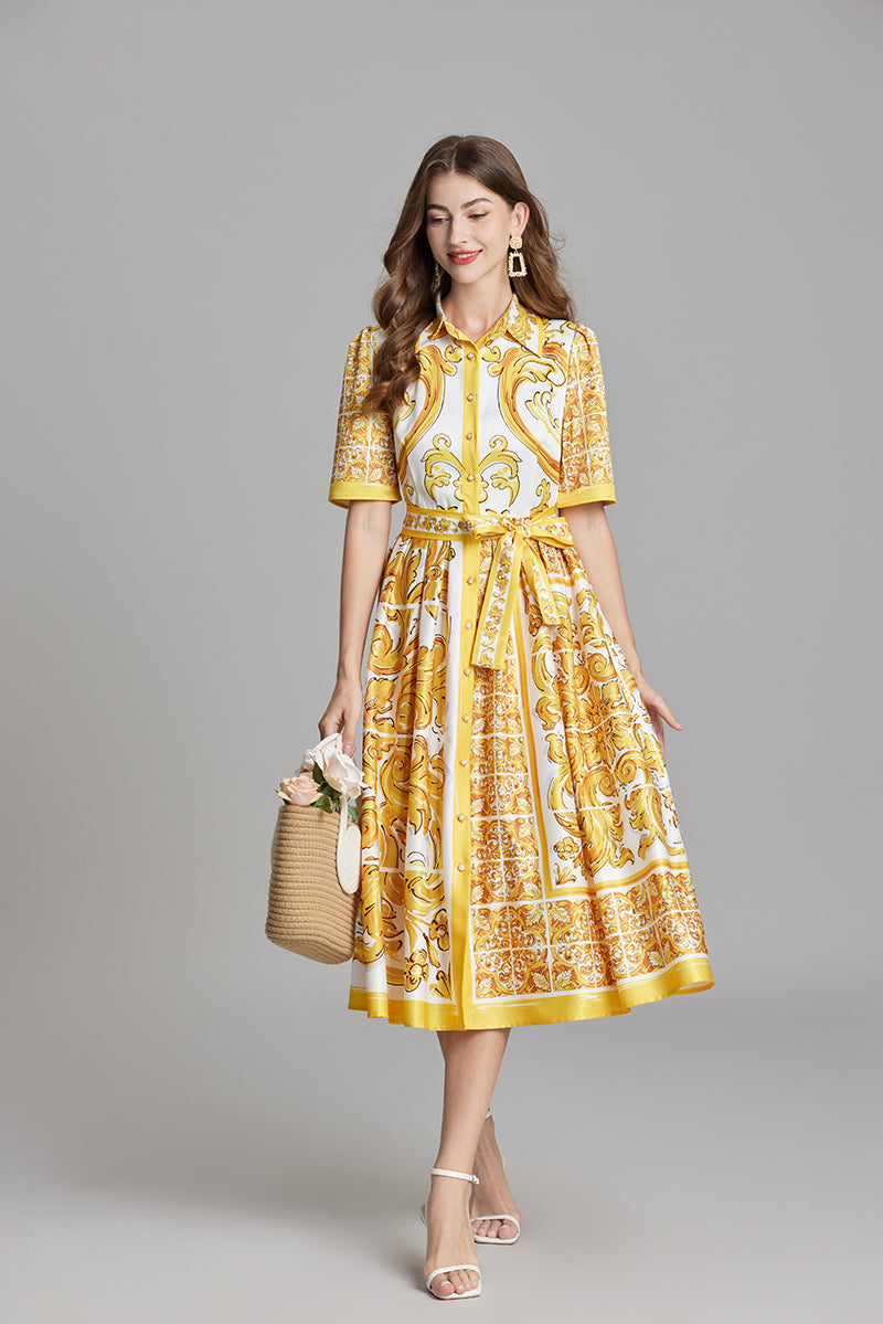 Original Design Spring/Summer Positioning Printed Collar Strap Waist Shirt Dress Large Swing A-line Skirt