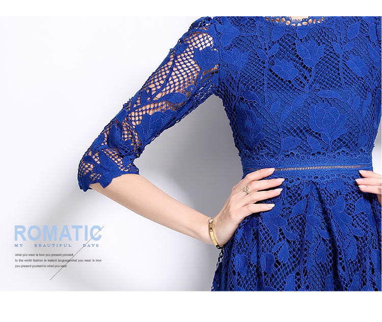 Original design mid long sleeved fashionable slimming hollow out water-soluble lace positioning mid length dress