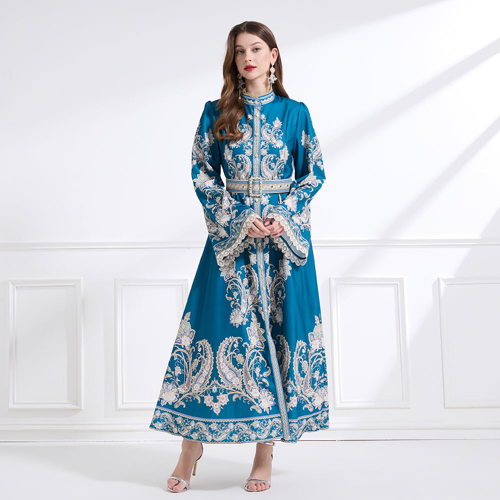 Original design - court-style vintage stand-up collar lace print tunic with large hem waist