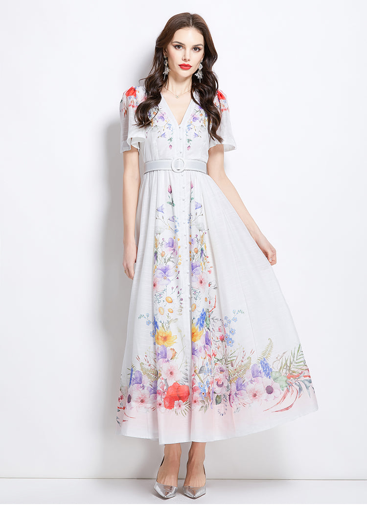Original Design Spring/Summer Watercolor Flower Short Sleeve Retro Long Dress