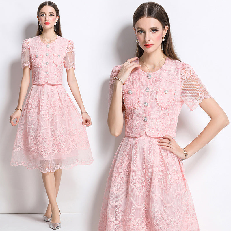 Original design for spring and summer small fragrance style set light luxury and high-end water-soluble lace skirt two-piece set