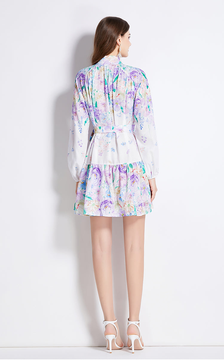 Original Design Spring/Summer Autumn Vacation New Flower Oil Painting Style Stand up Neck Short Dress