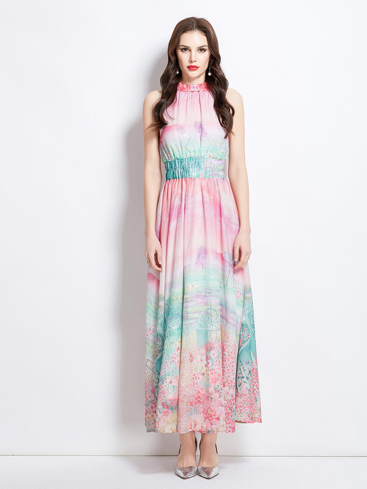Original design: spring, summer, autumn vacation, new oil painting, flower print, halterneck maxi dress