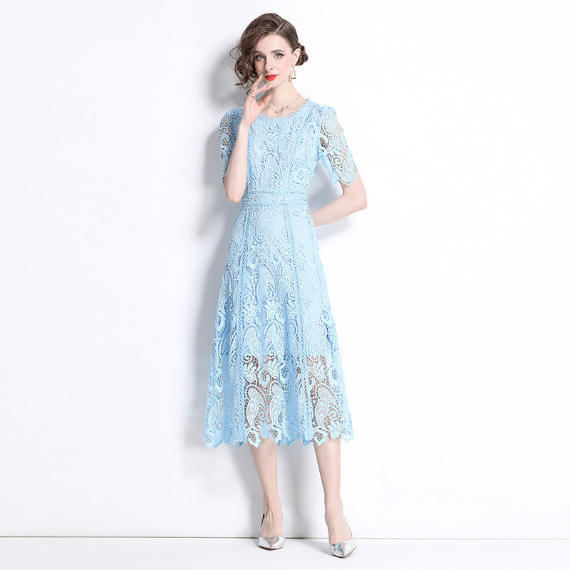 Original design temperament short sleeved skirt slim fit waist cinching heavy industry water-soluble lace dress for women