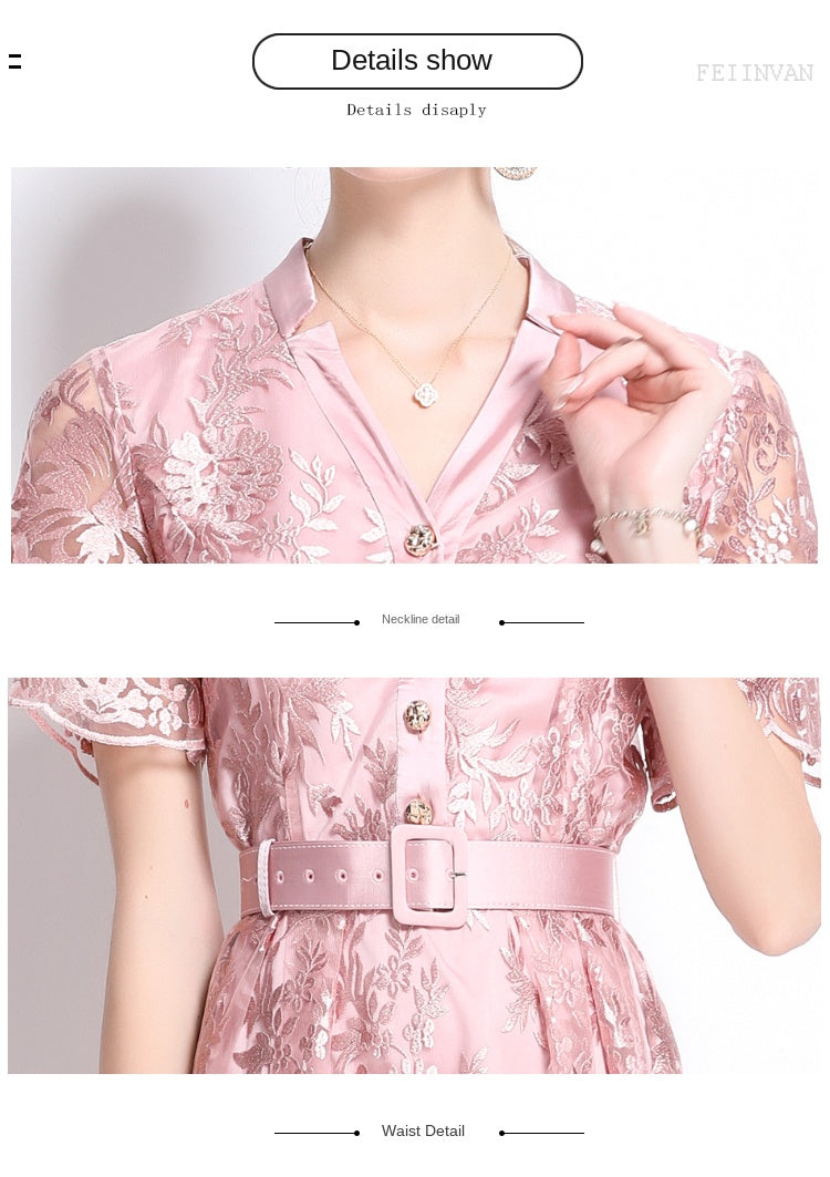 Original design mesh embroidered long dress with pockets, V-neck slim fit dress and belt