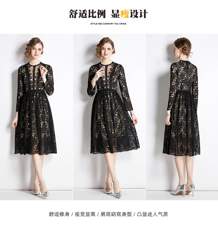 Original design for spring and summer lace slim fit lace dress with a slimming and age reducing mid length skirt for women