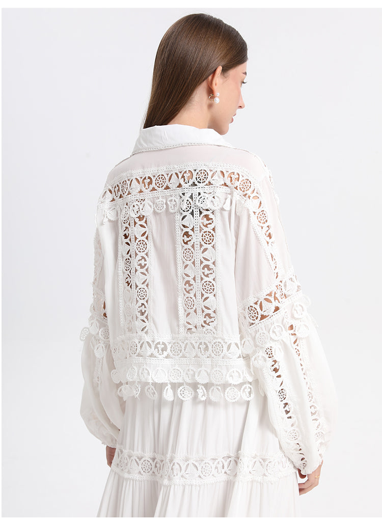 Original Design Heavy Industry Boutique Hollow Collar Lace Splicing Pendant Lace and Long Skirt Set