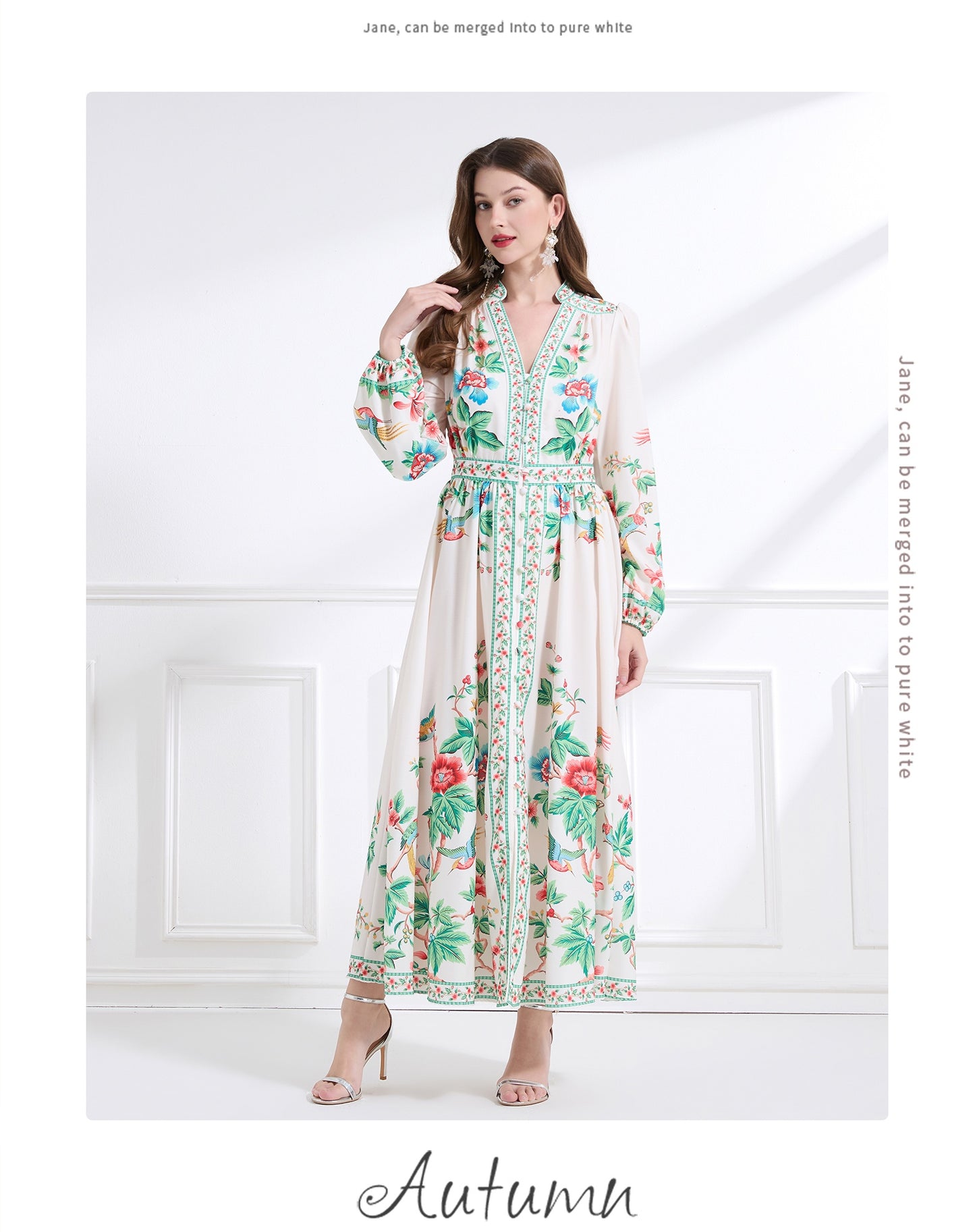 Original design Spring/summer resort-style V-neck, linen, floral, printed, balloon-sleeved, waist-cinching, ruffled maxi skirt