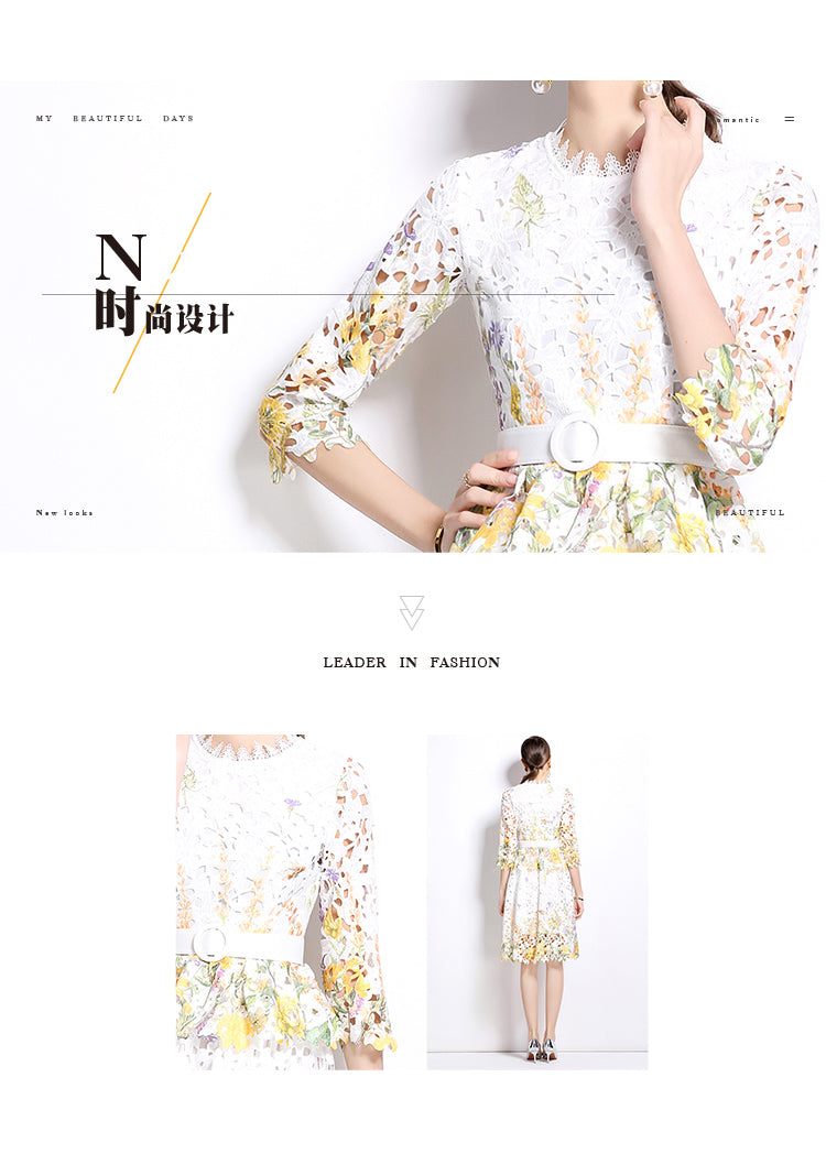 Original design mid long sleeved fashionable slimming hollow out water-soluble lace positioning mid length dress