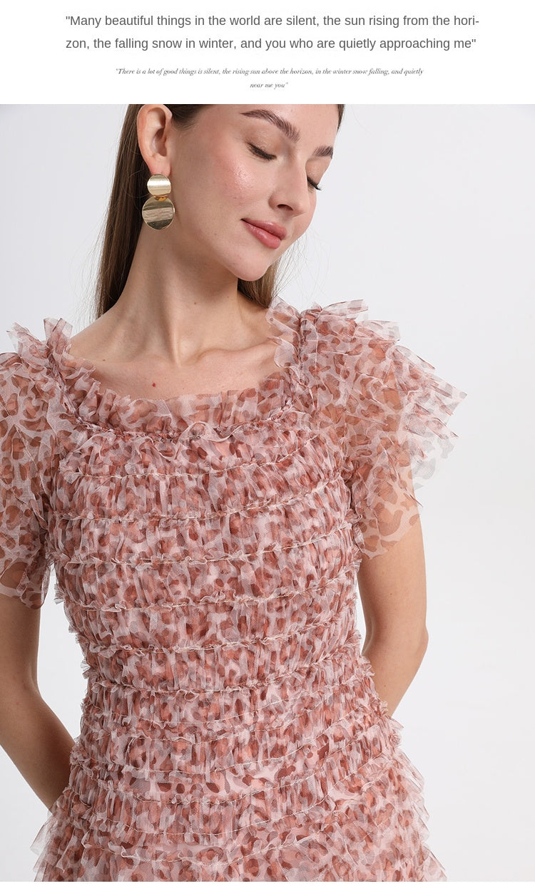 Beautiful French leopard print puff sleeve one-shoulder mesh temperament dress